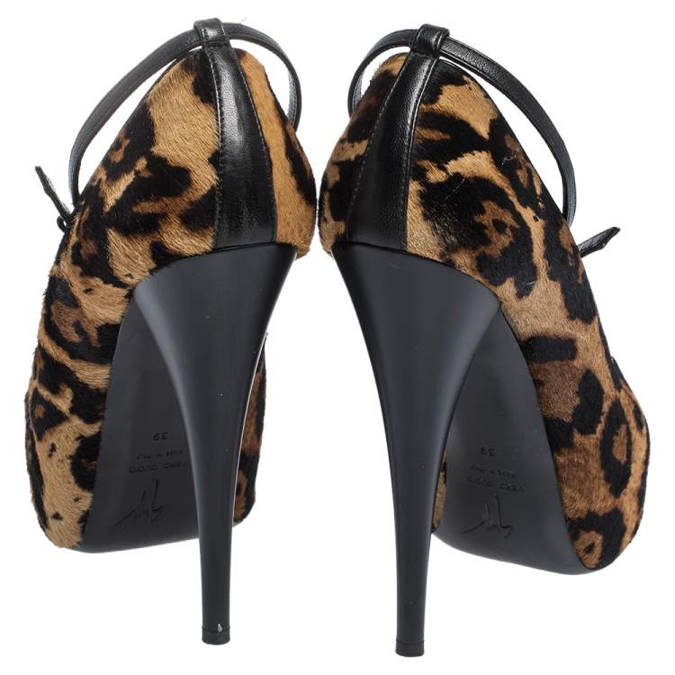 Pre Owned Giuseppe Zanotti Brown/Black Pony Hair And Leather Ankle Strap Peep Toe Platform Pumps Size 39