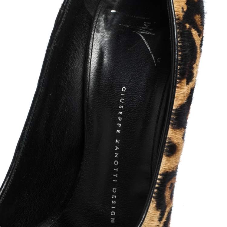 Pre Owned Giuseppe Zanotti Brown/Black Pony Hair And Leather Ankle Strap Peep Toe Platform Pumps Size 39