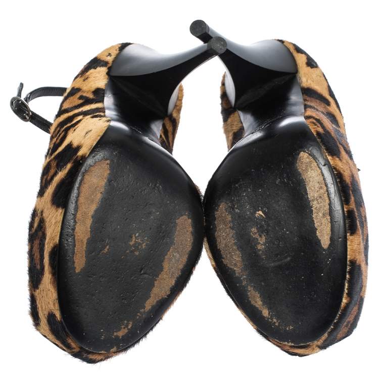 Pre Owned Giuseppe Zanotti Brown/Black Pony Hair And Leather Ankle Strap Peep Toe Platform Pumps Size 39