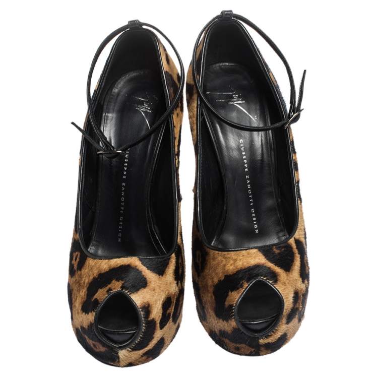 Pre Owned Giuseppe Zanotti Brown/Black Pony Hair And Leather Ankle Strap Peep Toe Platform Pumps Size 39