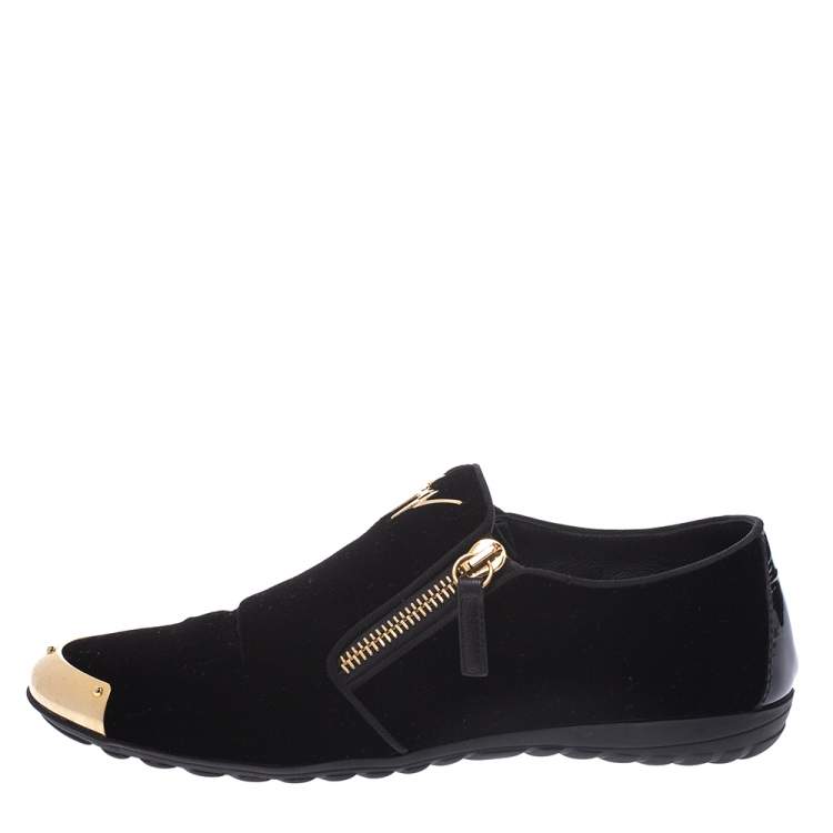 Pre Owned Giuseppe Zanotti Black Velvet Double Zip Metal Cap Toe Sneakers Size 36