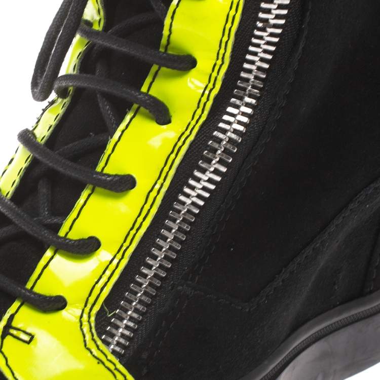 Pre Owned Giuseppe Zanotti Black Suede And Fluorescent Yellow Patent High Top Wedge Sneakers Size 37