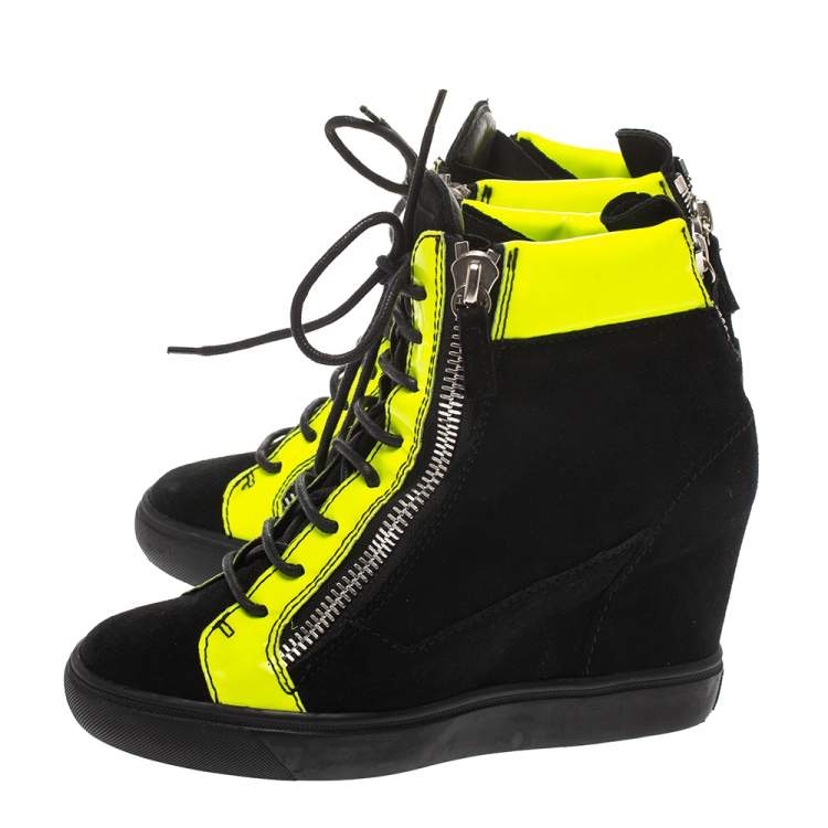 Pre Owned Giuseppe Zanotti Black Suede And Fluorescent Yellow Patent High Top Wedge Sneakers Size 37