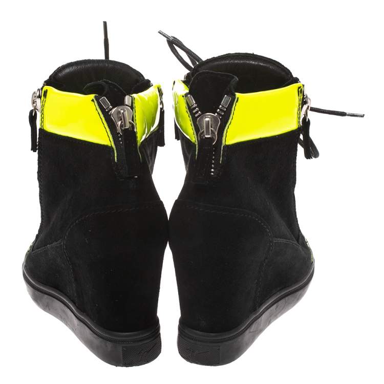 Pre Owned Giuseppe Zanotti Black Suede And Fluorescent Yellow Patent High Top Wedge Sneakers Size 37