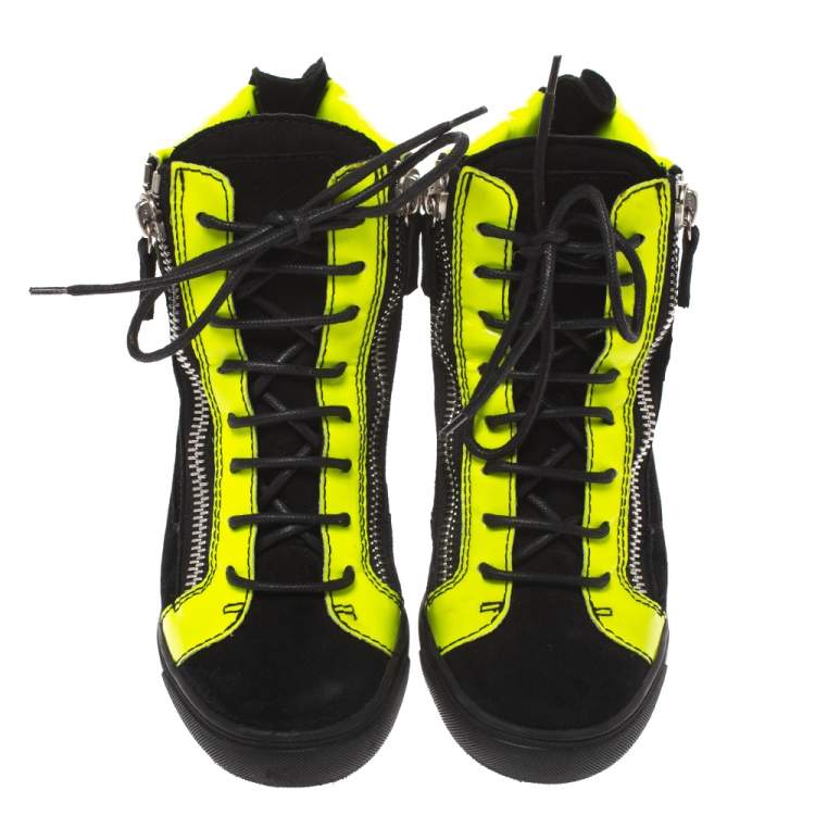 Pre Owned Giuseppe Zanotti Black Suede And Fluorescent Yellow Patent High Top Wedge Sneakers Size 37