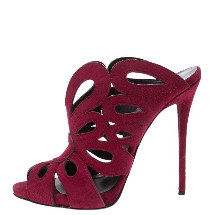 Pre Owned Giuseppe Zanotti Red Cutout Suede Peep Toe Sandals Size 38