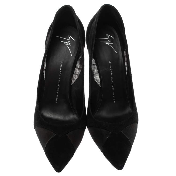 Pre Owned Giuseppe Zanotti Black Suede and Mesh Pointed Toe Pumps Size 41