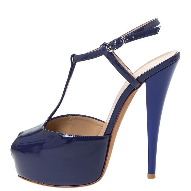 Pre Owned Giuseppe Zanotti Purple Patent Leather T-Strap Platform Peep Toe Sandals Size 36.5