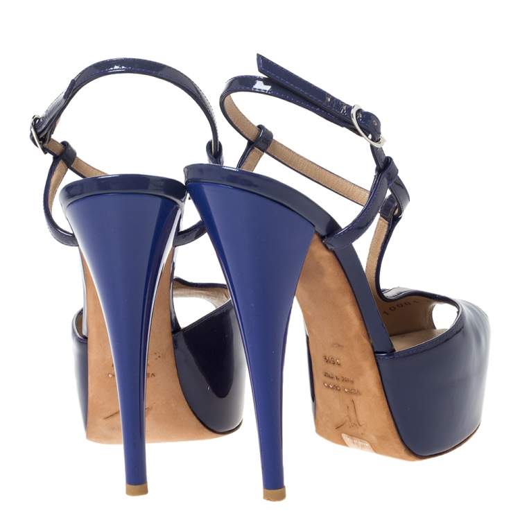 Pre Owned Giuseppe Zanotti Purple Patent Leather T-Strap Platform Peep Toe Sandals Size 36.5