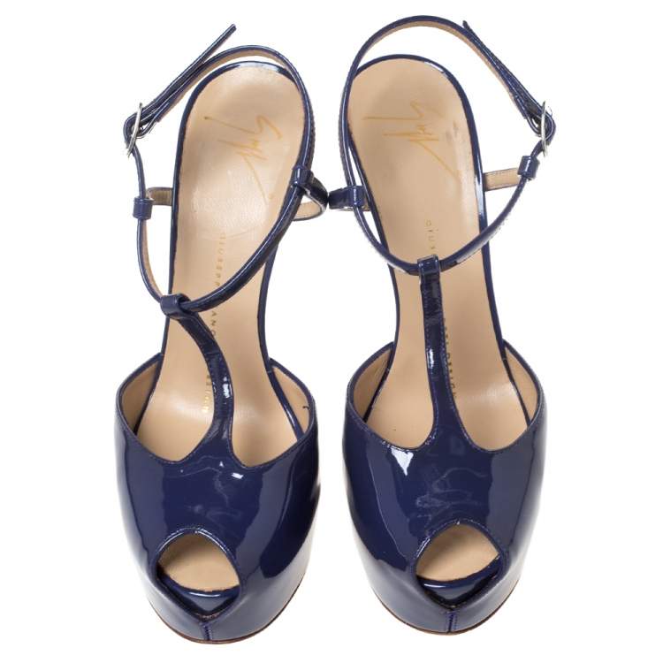 Pre Owned Giuseppe Zanotti Purple Patent Leather T-Strap Platform Peep Toe Sandals Size 36.5