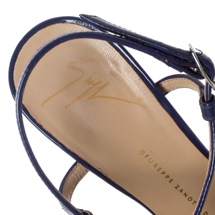 Pre Owned Giuseppe Zanotti Purple Patent Leather T-Strap Platform Peep Toe Sandals Size 36.5