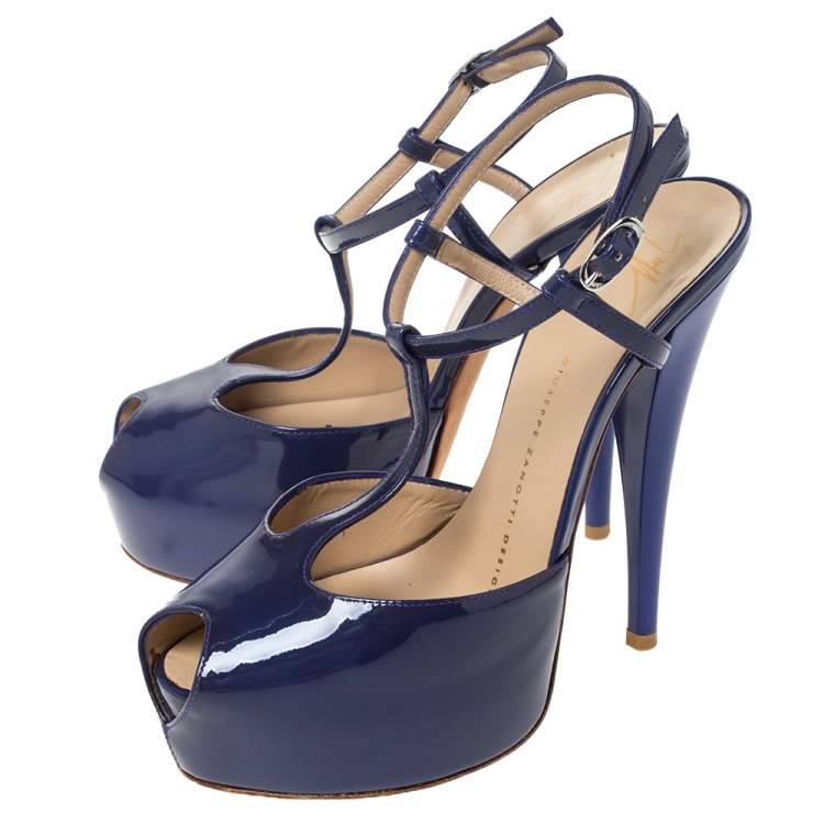 Pre Owned Giuseppe Zanotti Purple Patent Leather T-Strap Platform Peep Toe Sandals Size 36.5