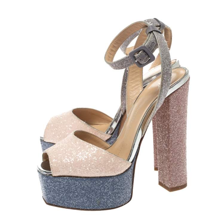 مملوكة مسبقًا Giuseppe Zanotti Multicolor Glitter Betty Peep Toe Platform Sandals Size 36.5