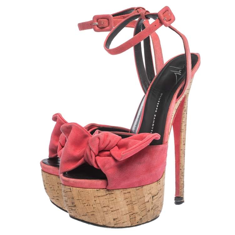Pre Owned Giuseppe Zanotti Pink Suede Cork Heel Platform Denny Ankle Strap Sandals Size 40.5