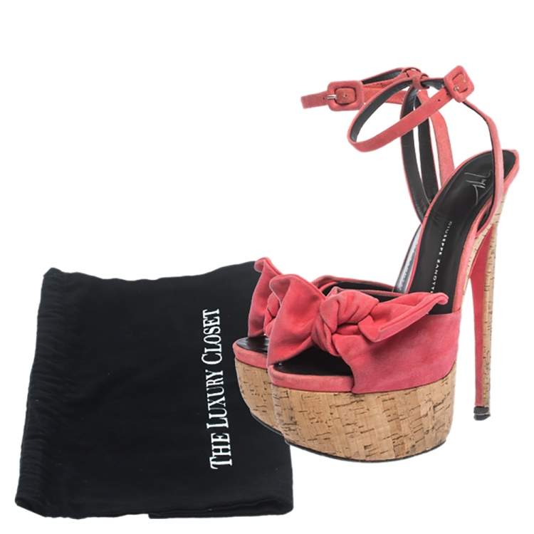 Pre Owned Giuseppe Zanotti Pink Suede Cork Heel Platform Denny Ankle Strap Sandals Size 40.5