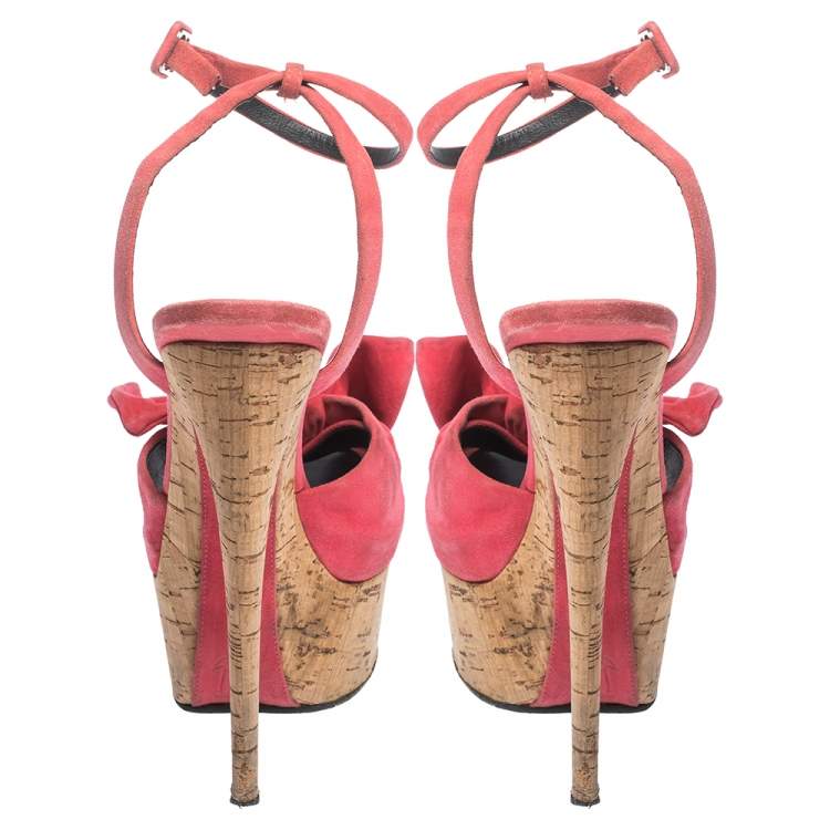 Pre Owned Giuseppe Zanotti Pink Suede Cork Heel Platform Denny Ankle Strap Sandals Size 40.5