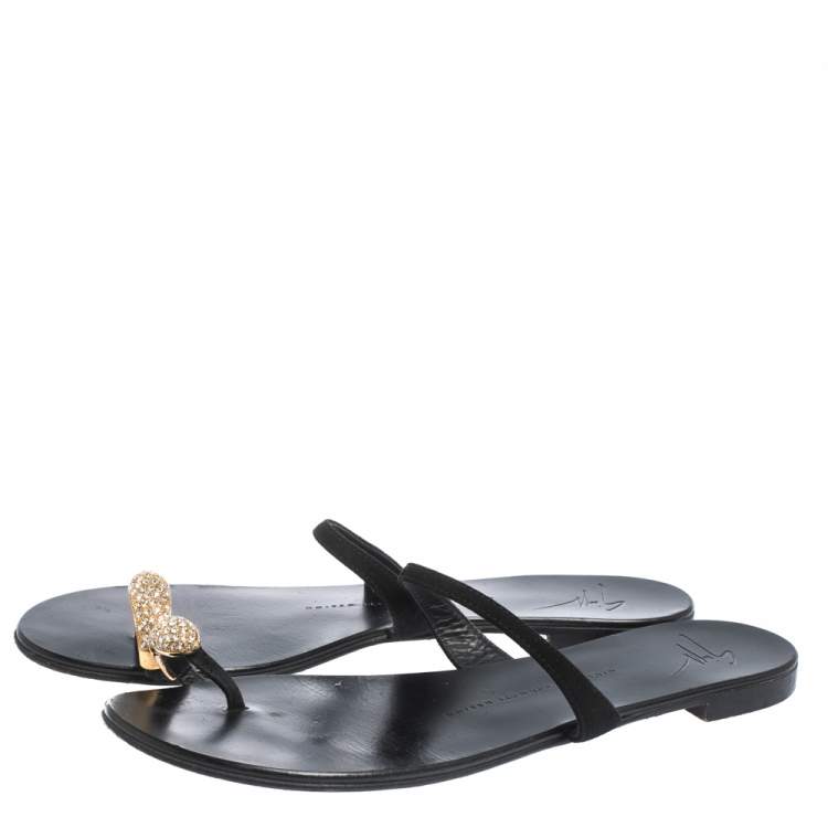 Pre Owned Giuseppe Zanotti Black Suede Crystal Toe Ring Sandals Size 39