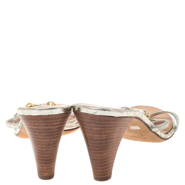 Pre Owned Giuseppe Zanotti Metallic Gold Leather Embellished Slide Sandals Size 40