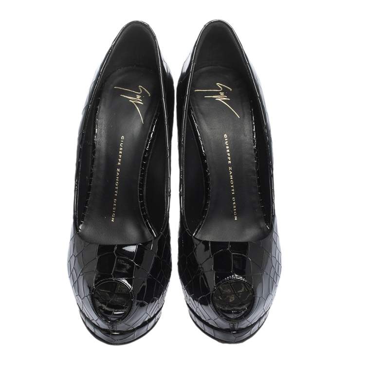 Pre Owned Giuseppe Zanotti Black Croc Embossed Leather Peep Toe Platform Pumps Size 39