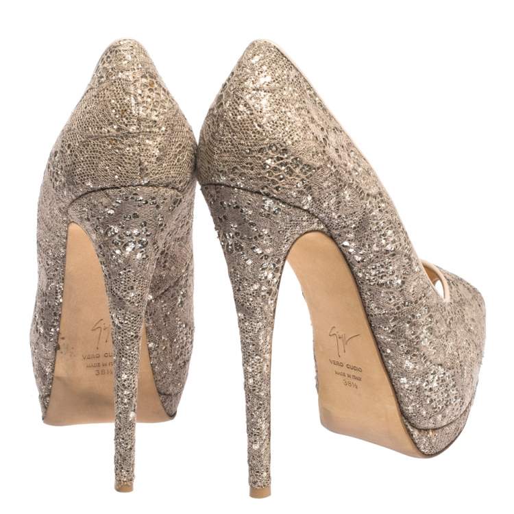 Pre Owned Giuseppe Zanotti Silver/Beige Coarse Glitter Lace Sharon Peep Toe Platform Pumps Size 38.5