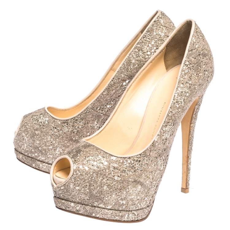 Pre Owned Giuseppe Zanotti Silver/Beige Coarse Glitter Lace Sharon Peep Toe Platform Pumps Size 38.5