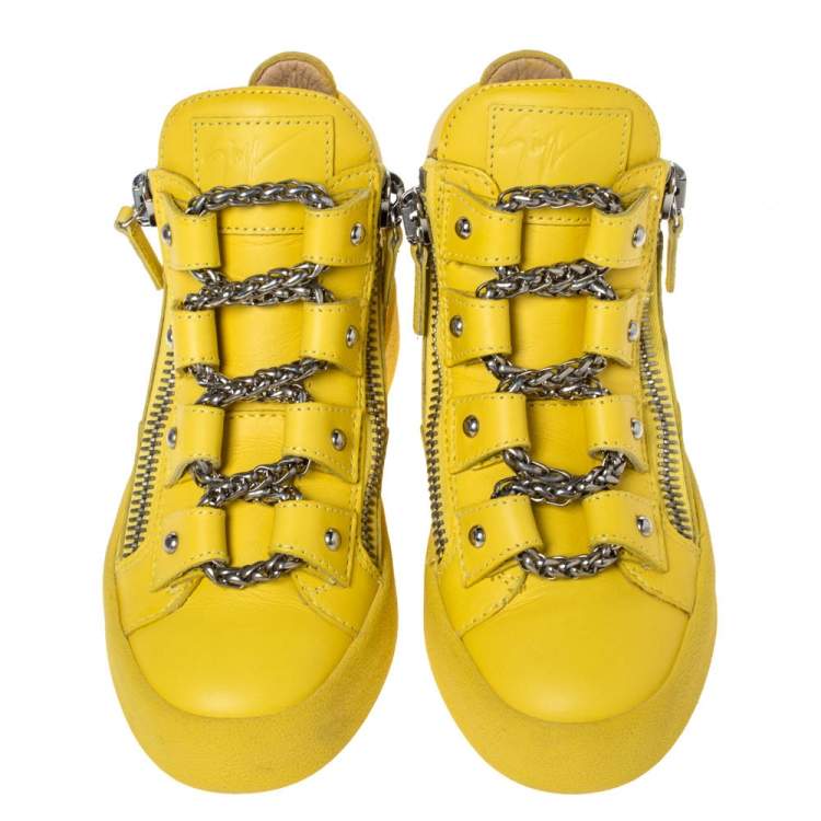 Pre Owned Giuseppe Zanotti Yellow Leather Gold Chain Laces Dual Zip Sneakers Size 35