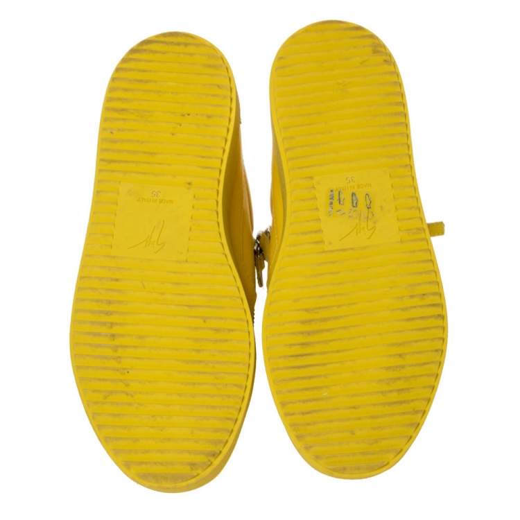 Pre Owned Giuseppe Zanotti Yellow Leather Gold Chain Laces Dual Zip Sneakers Size 35