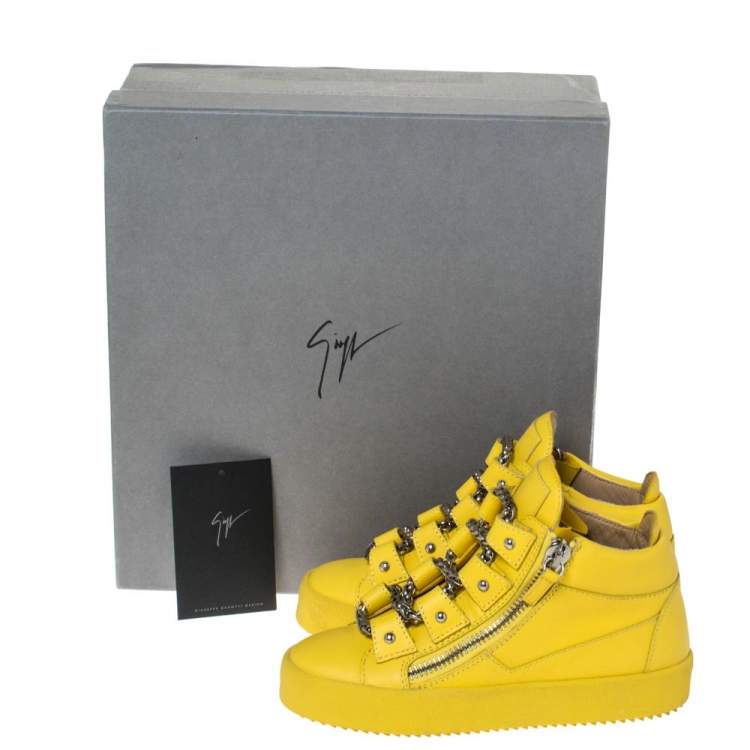 Pre Owned Giuseppe Zanotti Yellow Leather Gold Chain Laces Dual Zip Sneakers Size 35