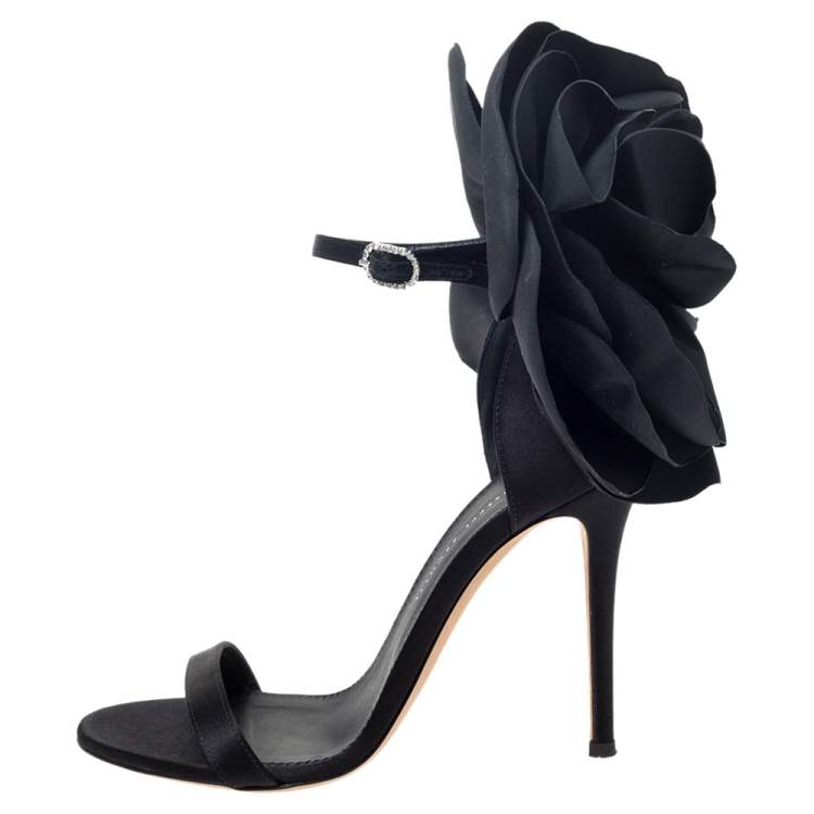 Pre Owned Giuseppe Zanotti Black Satin Flower Embellished Ankle Strap Sandals Size 36.5 