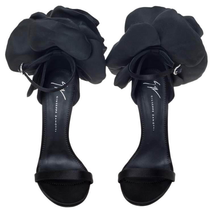 Pre Owned Giuseppe Zanotti Black Satin Flower Embellished Ankle Strap Sandals Size 36.5 