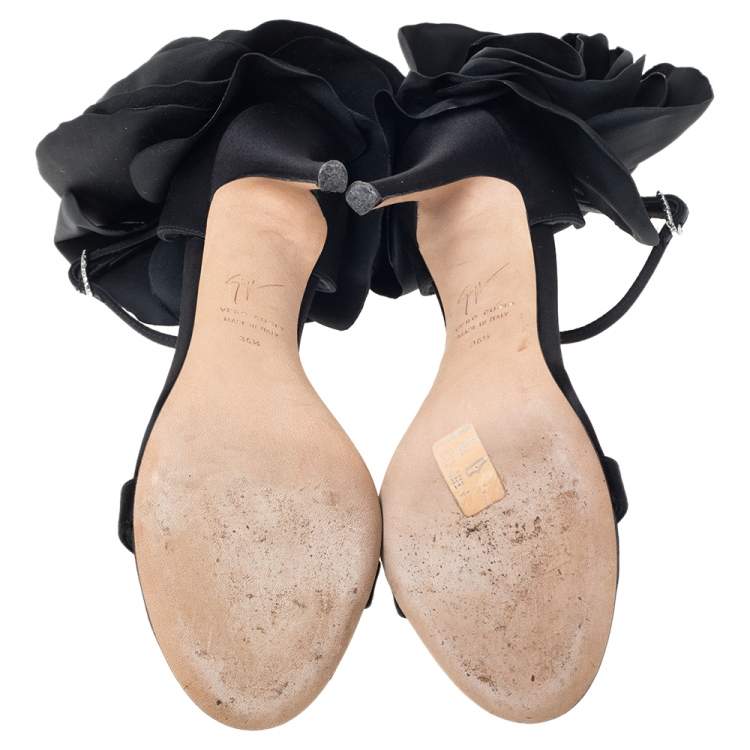 Pre Owned Giuseppe Zanotti Black Satin Flower Embellished Ankle Strap Sandals Size 36.5 