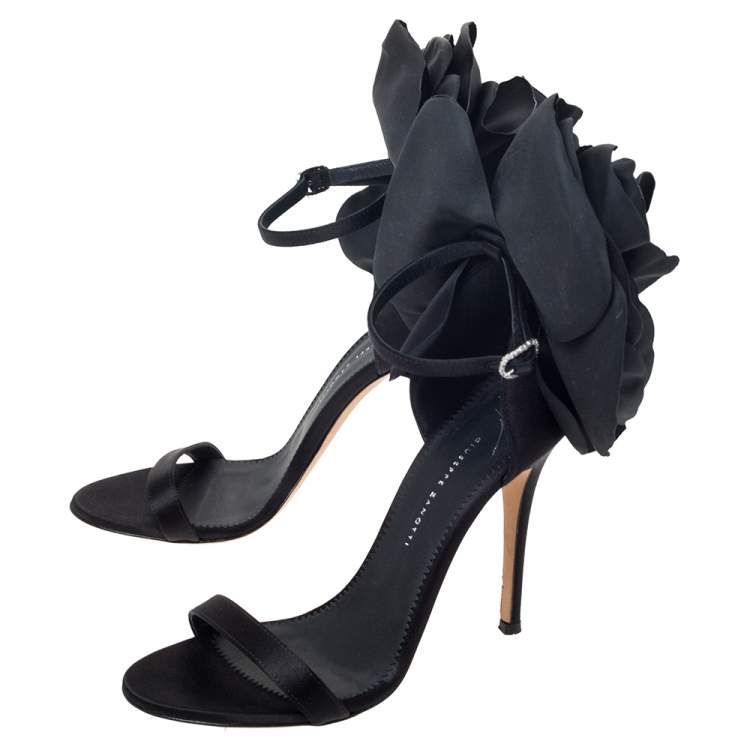 Pre Owned Giuseppe Zanotti Black Satin Flower Embellished Ankle Strap Sandals Size 36.5 