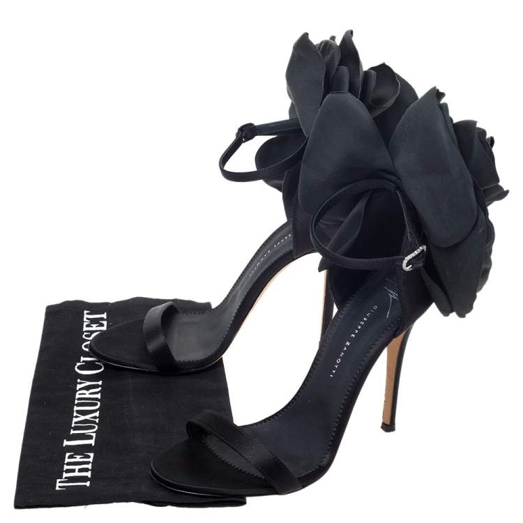 Pre Owned Giuseppe Zanotti Black Satin Flower Embellished Ankle Strap Sandals Size 36.5 