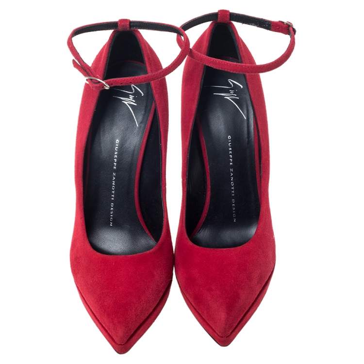 مملوكة مسبقًا Giuseppe Zanotti Red Suede Ankle Strap Platform Pointed Toe Pumps Size 39