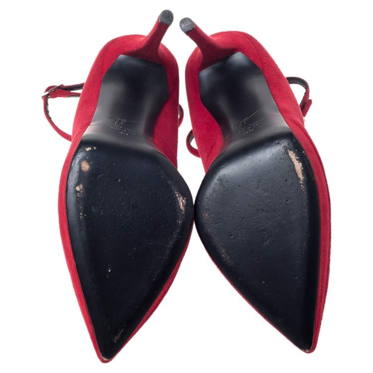 مملوكة مسبقًا Giuseppe Zanotti Red Suede Ankle Strap Platform Pointed Toe Pumps Size 39