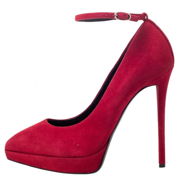 مملوكة مسبقًا Giuseppe Zanotti Red Suede Ankle Strap Platform Pointed Toe Pumps Size 39