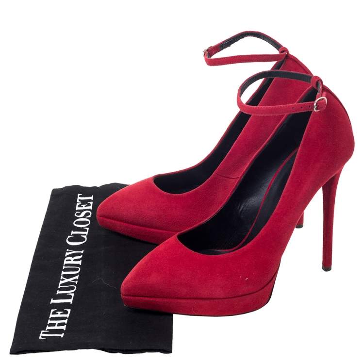 مملوكة مسبقًا Giuseppe Zanotti Red Suede Ankle Strap Platform Pointed Toe Pumps Size 39