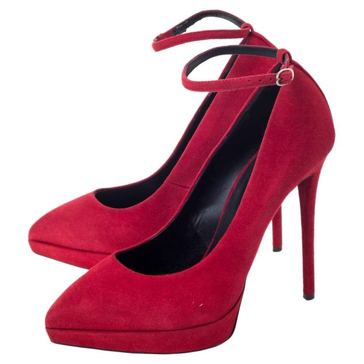 مملوكة مسبقًا Giuseppe Zanotti Red Suede Ankle Strap Platform Pointed Toe Pumps Size 39