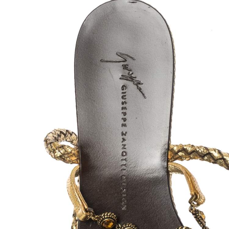 Pre Owned Giuseppe Zanotti Gold Woven Leather Crystal Embellished Ankle Wrap Flats Size 38