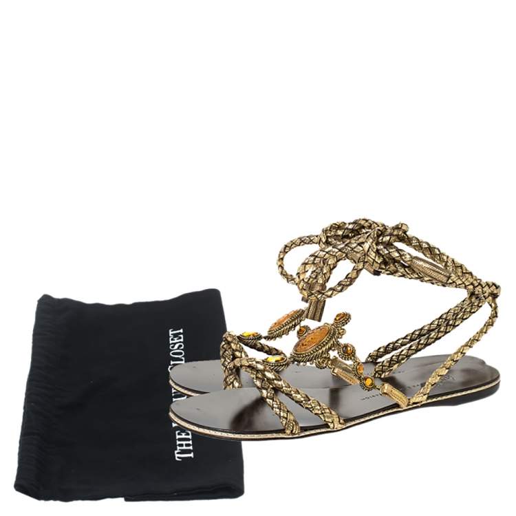 Pre Owned Giuseppe Zanotti Gold Woven Leather Crystal Embellished Ankle Wrap Flats Size 38