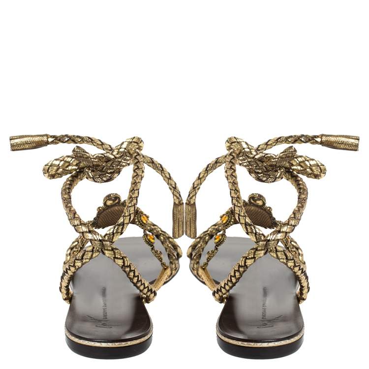 Pre Owned Giuseppe Zanotti Gold Woven Leather Crystal Embellished Ankle Wrap Flats Size 38