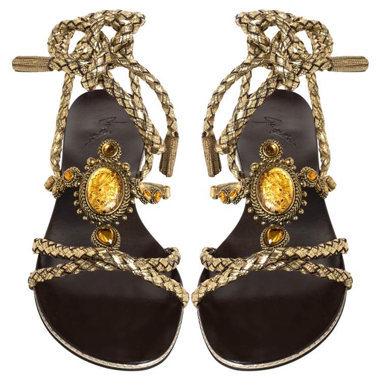 Pre Owned Giuseppe Zanotti Gold Woven Leather Crystal Embellished Ankle Wrap Flats Size 38