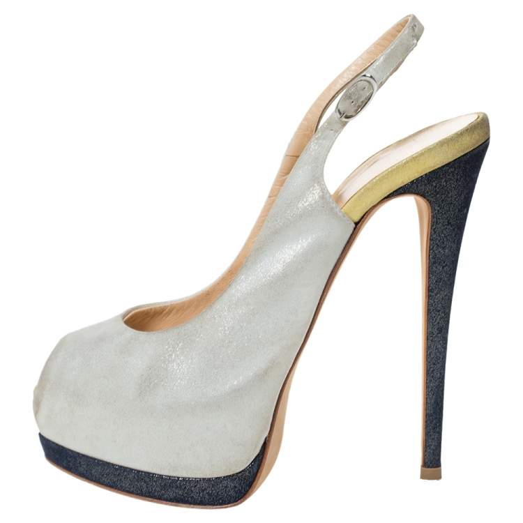Pre Owned Guiseppe Zannotti Tri Color Nubuck Peep Toe Slingback Platform Sandals Size 36.5