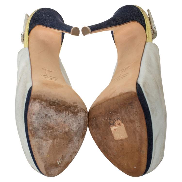 Pre Owned Guiseppe Zannotti Tri Color Nubuck Peep Toe Slingback Platform Sandals Size 36.5