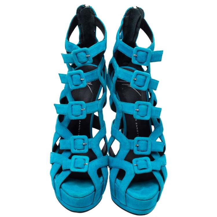 Pre Owned Giuseppe Zanotti Blue Suede Buckle Detail Platform Cage Sandals Size 38.5