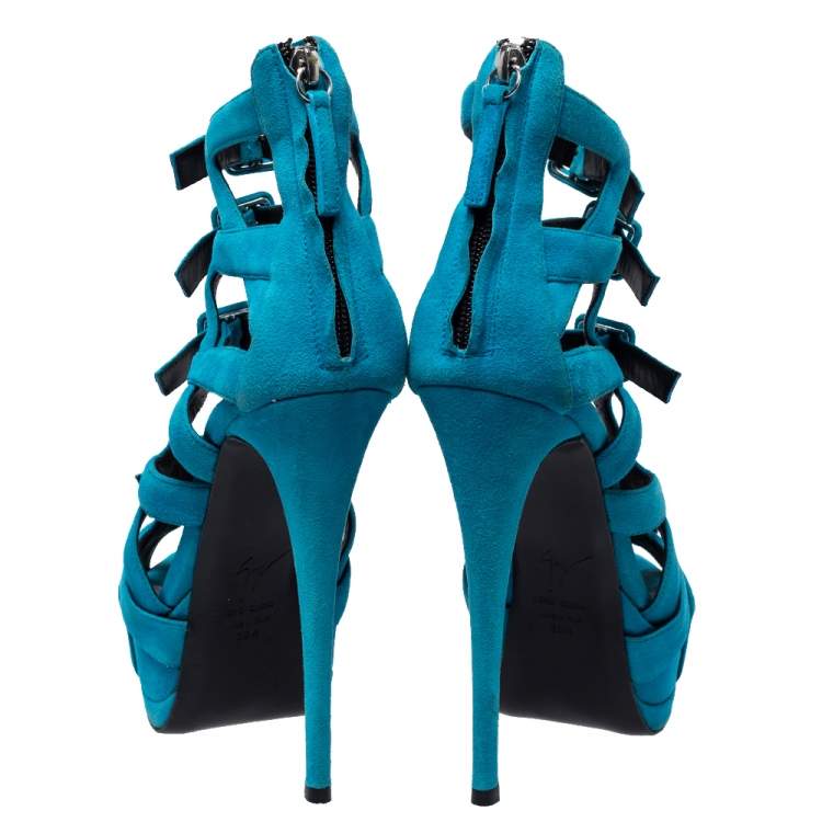 Pre Owned Giuseppe Zanotti Blue Suede Buckle Detail Platform Cage Sandals Size 38.5