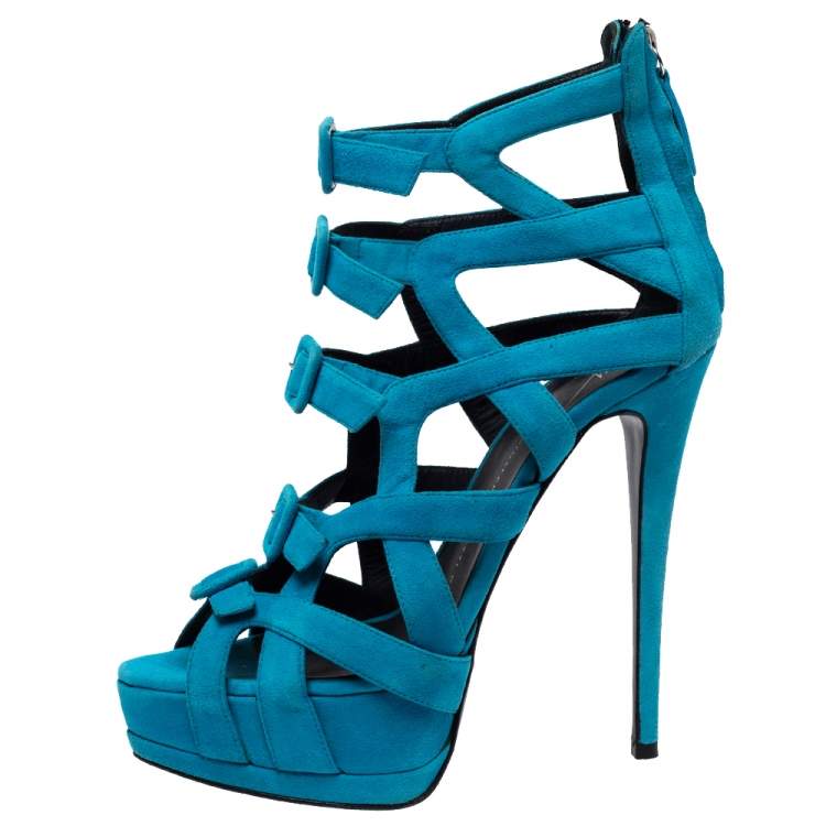 Pre Owned Giuseppe Zanotti Blue Suede Buckle Detail Platform Cage Sandals Size 38.5