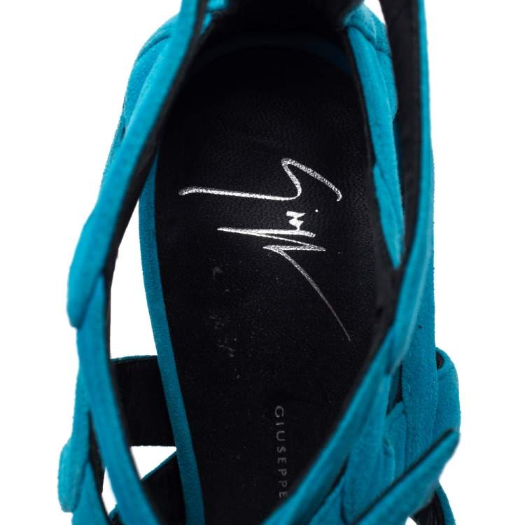 Pre Owned Giuseppe Zanotti Blue Suede Buckle Detail Platform Cage Sandals Size 38.5