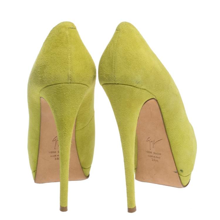 Pre Owned  Giuseppe Zanotti Lime Green Suede Sharon Peep Toe Platform Pumps Size 38.5