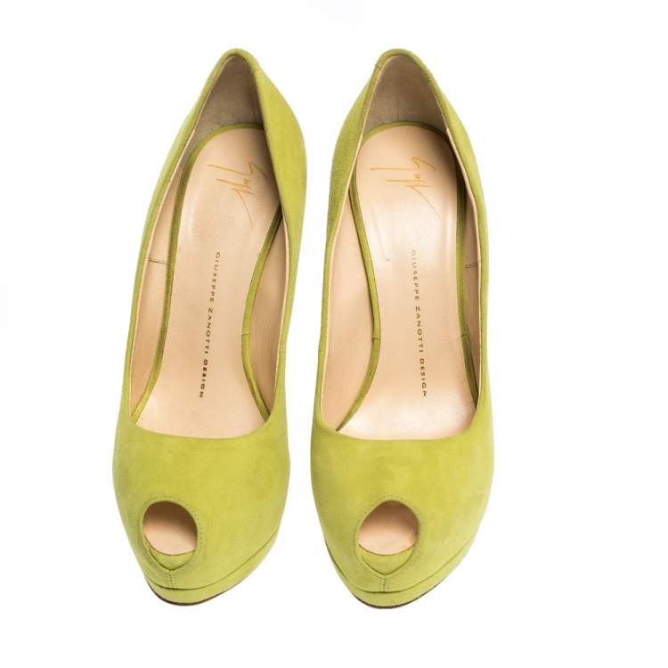 Pre Owned  Giuseppe Zanotti Lime Green Suede Sharon Peep Toe Platform Pumps Size 38.5